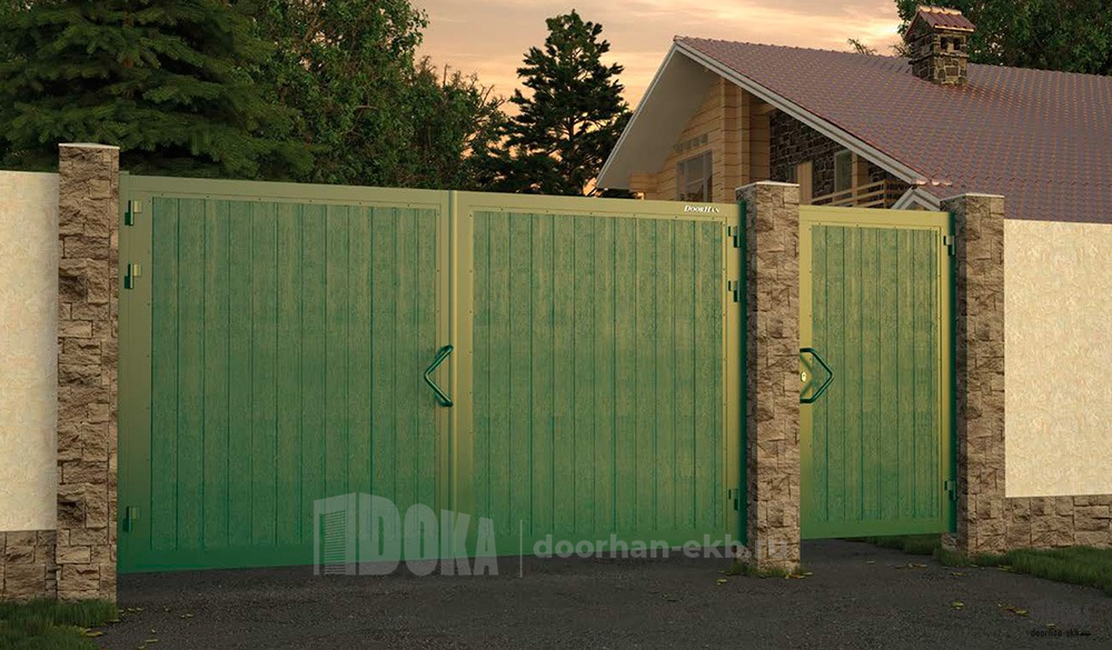 Распашные уличные ворота Дорхан ral 6005 цвет зеленый в Екатеринбурге