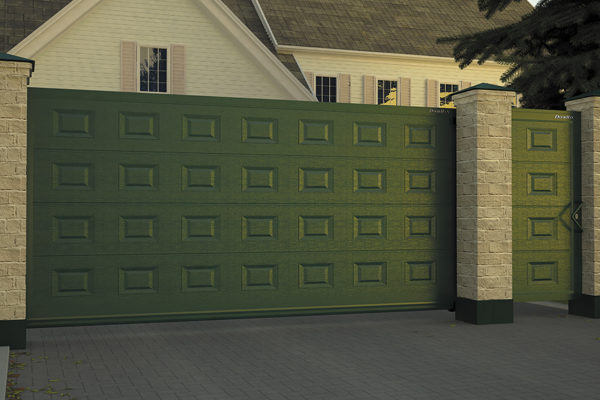 Откатные ворота: панель «доска», структура «филенка», цвет «зеленый» - компания Дока Дорхан