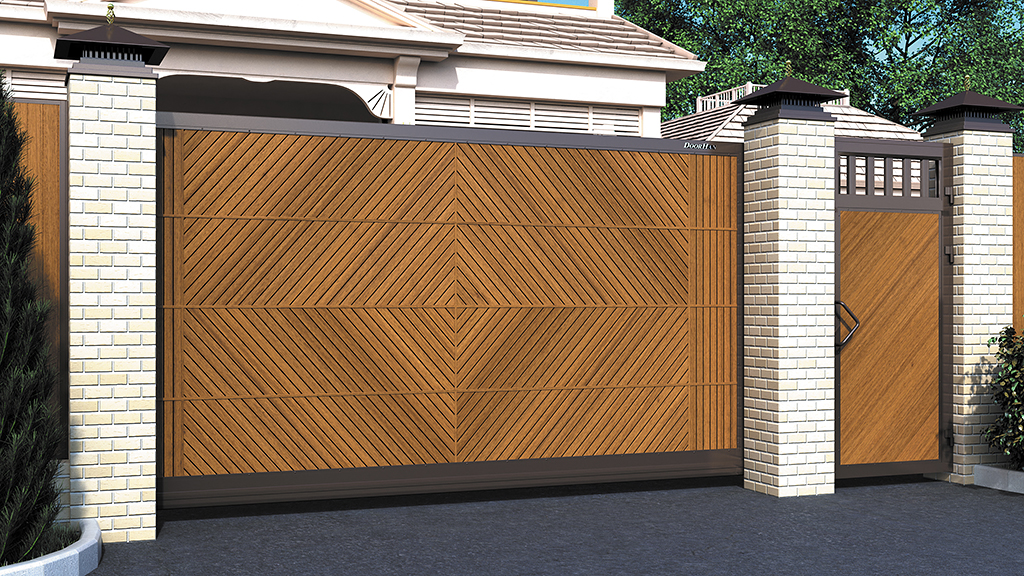 Уличные откатные ворота: панель «доска», структура «дерево», цвет RAL 8014 - компания Дока Дорхан